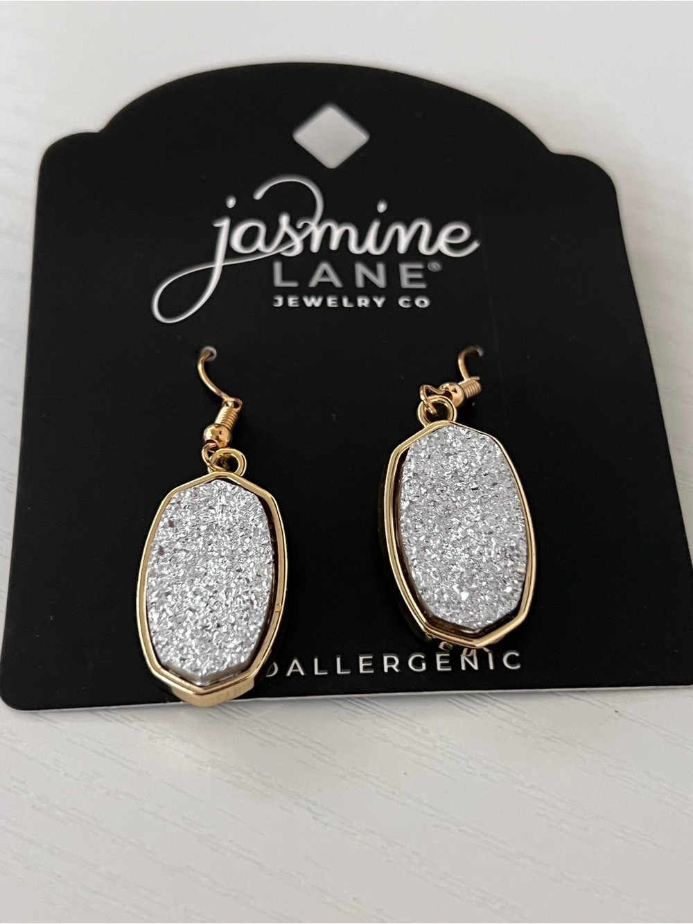 Jasmine Lane Jewelry Co Silver Druzy Style Drop Earrings Gold Tone NWT Hypoaller - Picture 2 of 3